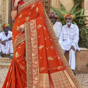 Chic Orange Color Satin Jacquard Silk Designer Treitional Wear Saree