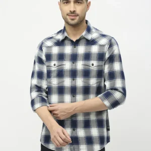 Spykar Men Indigo Blue Cotton Twil Slim Fit Full Sleeve Checkred Shirts