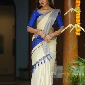Omana Cotton Saree - Cream and Royal Blue